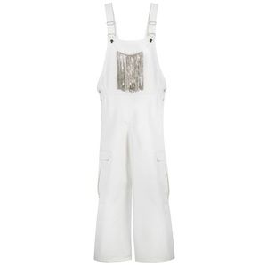 Paloma Lira ~ white denim crystal fringe overalls